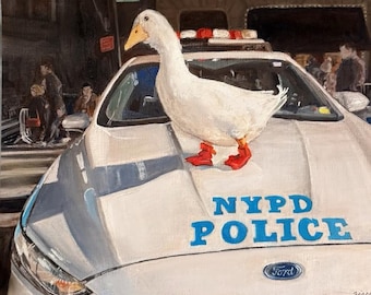 Funny Duck on NYPD Car Oil Painting – 8x10 Original NYC Art