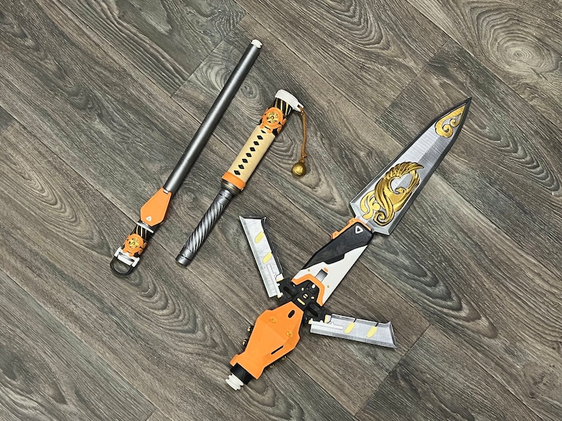 May include: Three fantasy weapons, including a staff with a leather strap, a sword with a gold and black handle, and a dagger with a gold and black handle.