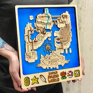 3D Super Mario World-videogamekaart lasergesneden hout Meerlagig aangepast decor Nintendo-fanart