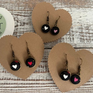 Fabric Wire Earrings. 1/2” Round Antique Bronze Wires with Silicone Back. Heart Fabric Pattern.