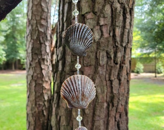 3 Scallop Seashell Sun Catcher with Crystal Beads, Seed Beads, and a Crystal Pendant || Beach/Boho Window Rainbow Prism || SC182
