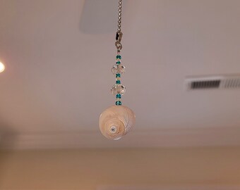 Coastal Ceiling Fan & Light Pull | Spiral Shark Eye Seashell and Crystal Beaded Light Pull with Turquoise Seed Beads