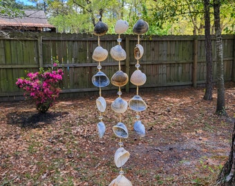 Gray/Cream Ark Clam Shell and Driftwood Mobile w/ Gold and Clear Seed Beads and Crystals | Beach/Boho Wind Chime | Beach House Décor | W482