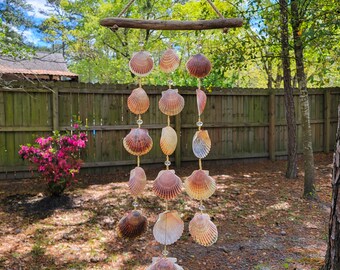 Cream & Red Scallop Shell, Driftwood Mobile w/ Gold Glass Seed Beads and Crystals | Beach/Boho Wind Chime | Ocean Patio Décor | WC477