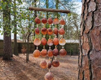 Red Scallop Seashell and Driftwood Mobile w/ Seed Beads and Crystals || Beach Wind Chime || Ocean Patio Décor || WC476