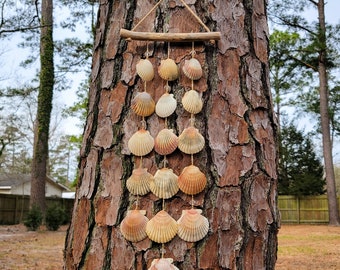 Cream & Red Scallop Shell, Driftwood Mobile w/ Gold Glass Seed Beads and Crystals | Beach/Boho Wind Chime | Ocean Patio Décor | WC470