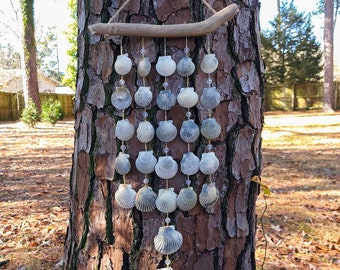 Gray & Cream Scallop Seashell and Driftwood Mobile w/ Gold Seed Beads and Crystals || Beach Wind Chime || Ocean Patio Décor || WC465