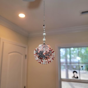 May include: A decorative ceiling fan pull chain featuring a seashell pendant. The shell is white, red, and black. The chain includes faux pearls and a silver-colored metal chain. The pendant hangs from the ceiling.