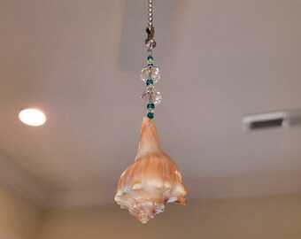 Coastal Ceiling Fan & Light Pull | Spiral Whelk Seashell and Crystal Beaded Light Pull with Turquoise Seed Beads