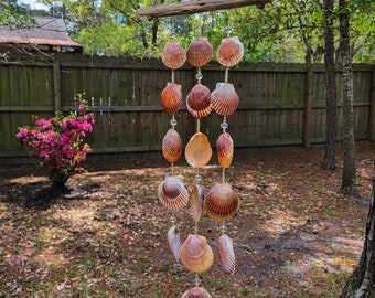 Red Scallop Seashell and Driftwood Mobile w/ Seed Beads and Crystals || Beach Wind Chime || Ocean Patio Décor || WC479