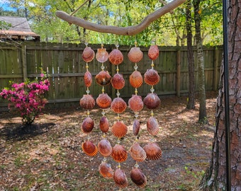 Red Scallop Seashell and Driftwood Mobile w/ Seed Beads, Crystals, & Metal Globe Beads || Beach Wind Chime || Ocean Patio Décor || WC481