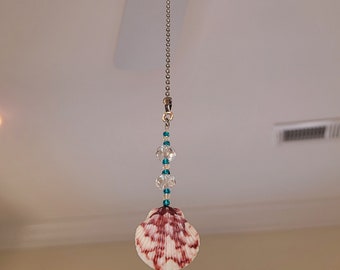 Coastal Ceiling Fan & Light Pull | Calico Scallop Seashell and Crystal Beaded Light Pull with Turquoise Seed Beads