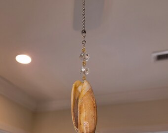 Coastal Ceiling Fan & Light Pull | Spiral Olive Seashell and Crystal Beaded Light Pull with Gold Seed Beads