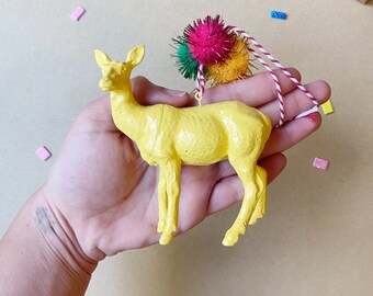 Yellow Deer and Pom Pom Christmas Tree Decoration, Large Christmas Bauble Yellow, Pastel Yellow Decor, Colourful Pompom Decoration,