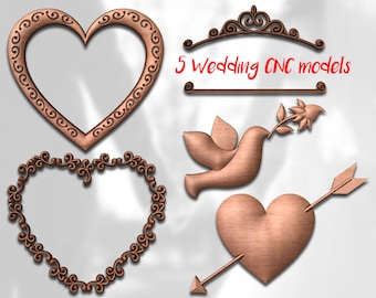 May include: Five wedding-themed CNC models, including a heart with a decorative border, a dove with an olive branch, a heart with an arrow through it, and two heart frames. The models are all made of a copper-colored material.
