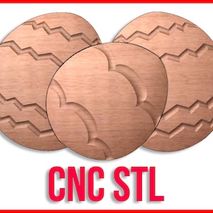Könnte beinhalten: Drei holzfarbene, eiförmige Designs mit geschnitzten Mustern. Zwei Eier haben ein Zickzackmuster, und eines hat ein Muschelmuster. Der Text "CNC STL" wird rot am unteren Bildrand angezeigt.