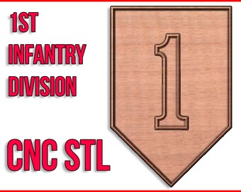 May include: A wooden CNC STL file of the 1st Infantry Division patch. The patch is a brown shield with a white number "1" in the center.