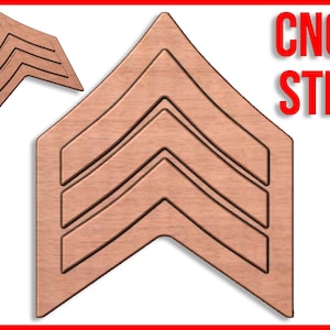 May include: A three-chevron rank insignia, often used in military uniforms, is shown in a copper color. The image is labeled "CNC STL", suggesting it is a digital design file for creating the insignia.