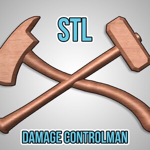 May include: A brown wooden axe and a brown wooden hammer crossed over each other. The text "STL DAMAGE CONTROLMAN" is below the crossed weapons.