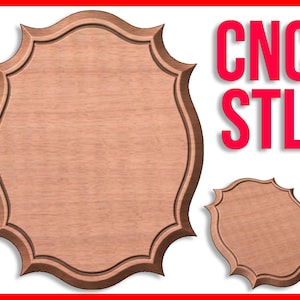 May include: A wooden plaque with a scalloped edge. The plaque is a light brown color and has a smooth surface. The text "CNC STL" is in red letters on a white background.
