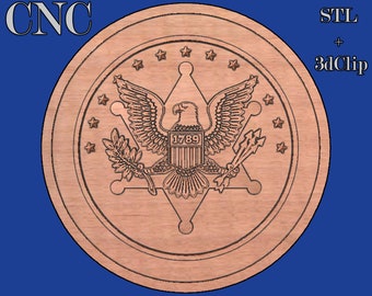 May include: A copper-colored round disc with a raised design of the Great Seal of the United States. The seal features an eagle with outstretched wings, a shield with the date "1789", olive branches, and arrows. The disc is surrounded by a ring of stars.