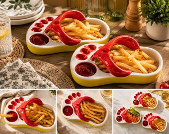 Creative Ceramic French Fry Serving Dish with Ketchup Holder | Fun Appetizer & Snack Platter | French Fries Server