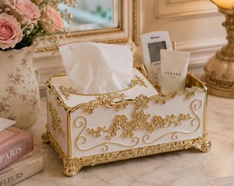 Luxury French Tissue Box Cover | White & Gold Baroque Tissue Holder | Elegant Vanity Organizer | Shabby Chic Bathroom Decor