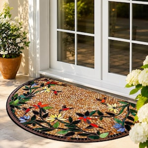 Felpudo con mosaico floral mediterráneo / Alfombra de entrada semicircular antideslizante / Felpudo para puerta principal exterior
