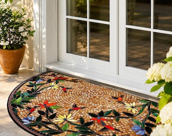 Fußmatte mit mediterranem Blumenmosaik | Halbrunder, rutschfester Eingangsbereich-Teppich | Fußmatte für den Außenbereich