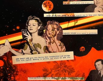 Impresión artística de collage de mujeres descuidadas, consejos de citas de la década de 1930 para mujeres, arte retro vintage, impresión brillante de 8 x 8, Meggy en ciernes