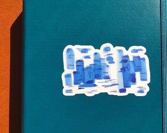 Pegatina de paisaje urbano en acuarela: vinilo mate de ciudad azul