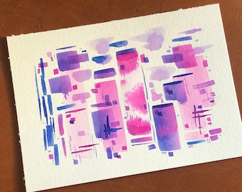 Acuarela original: Paisaje urbano abstracto rosa y morado (1,27 x 1,81 cm). Obra firmada.