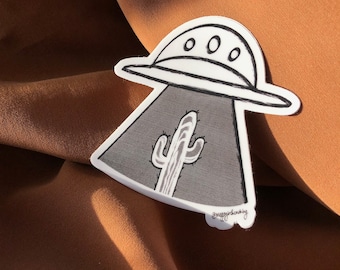 Pegatina de cactus OVNI – Arte de ciencia ficción del desierto, calcomanía para portátil