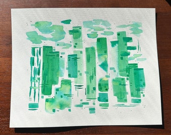 Acuarela de paisaje urbano esmeralda: obra abstracta firmada de 8 x 10 pulgadas