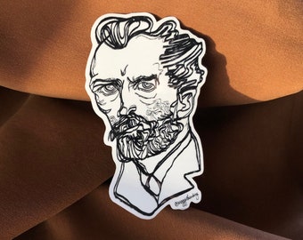 Pegatina con retrato de Van Gogh: arte minimalista con pluma y tinta