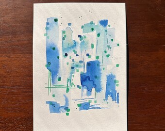 Pintura abstracta original de paisaje urbano: acuarela azul (12,7 x 18,8 cm), obra firmada