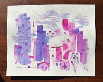 Acuarela original de paisaje urbano abstracto, 8x10, obra firmada