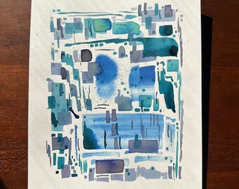 Acuarela original de paisaje urbano abstracto, 8x10, obra firmada