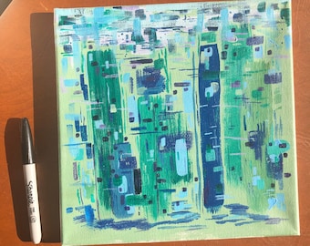 Pintura original de paisaje urbano verde y azul - Acrílico sobre lienzo (25,4 x 25,4 cm)