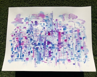 Acuarela de paisaje urbano abstracto: «Cacofonía de algodón de azúcar», obra original (45 x 61 cm)