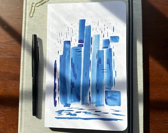 Cuaderno rayado con paisaje urbano azul lluvioso: diario de pintura abstracta