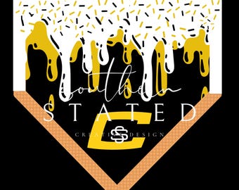 Könnte beinhalten: Ein Grafikdesign in Form einer Homeplate mit schwarzem Hintergrund, gelben und weißen Glasurtropfen und Streuseln. Der Text lautet Southern STATED mit einem großen gelben Buchstaben C, einem SS-Monogramm-Logo und Creative Design.