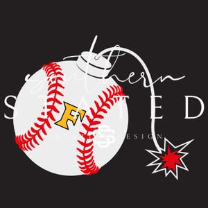 May include: A white baseball with red stitching and a yellow letter F in the center, designed to look like a bomb with a fuse and an explosion graphic. The text SOUTHERN STATED CREATIVE DESIGN is overlaid in white against a solid black background.