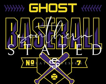 Könnte beinhalten: Ein Grafikdesign auf schwarzem Hintergrund mit dem gelben Text GHOST, dem violett-gelben Text BASEBALL und dem weißen Schreibschrifttext southern. Darunter befinden sich zwei gekreuzte violette Baseballschläger, ein Ball und der Text NO 7.