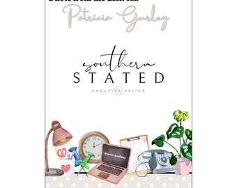 May include: A watercolor illustration of a desk with office supplies, including a lamp, clock, stapler, scissors, push pins, a laptop, a phone, and a potted plant. The text "southern STATED CREATIVE DESIGN" is written in black on a white background. The text "Weaver Academy" is on the laptop screen.