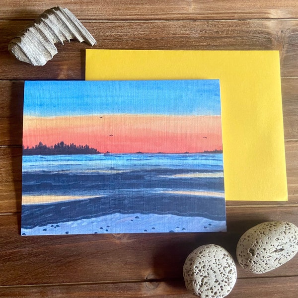Beach Sunset Greeting Card, Handmade Watercolor Print, Blank, Single, Set of 5 with Envelopes, Gift Set, Michigan, Traverse City, Dunes, A2