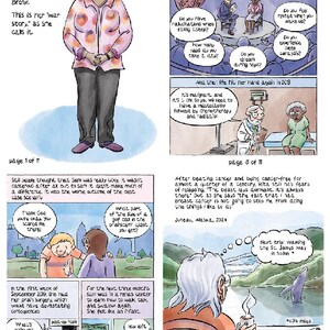 Op de afbeelding: Een stripverhaal met meerdere panelen met illustraties en tekst over persoonlijke gezondheidsverhalen. De panelen tonen een vrouw genaamd Ann, medische consulten, een ziekenhuissc&egrave;ne en een persoon die naar een landschap kijkt met een reddingsboei.