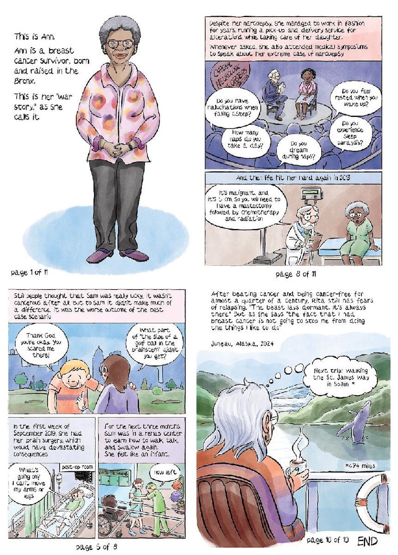 Op de afbeelding: Een stripverhaal met meerdere panelen met illustraties en tekst over persoonlijke gezondheidsverhalen. De panelen tonen een vrouw genaamd Ann, medische consulten, een ziekenhuissc&egrave;ne en een persoon die naar een landschap kijkt met een reddingsboei.
