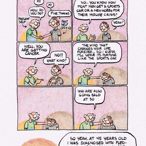 Op de afbeelding: Een stripverhaal in meerdere panelen getiteld PROLOGUES met twee personages in groene en grijze shirts die een kankerdiagnose en haarverlies bespreken. De tekst vermeldt een diagnose van pleomorf bot-sarcoom op 45-jarige leeftijd.