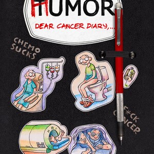 Op de afbeelding: Een zwarte boekomslag met de titel Humor Dear Cancer Diary door Federico Muelas. Het bevat een rode pen, een groen PDF Format-label en cartoonillustraties van een persoon die medische behandelingen ondergaat, inclusief tekst.